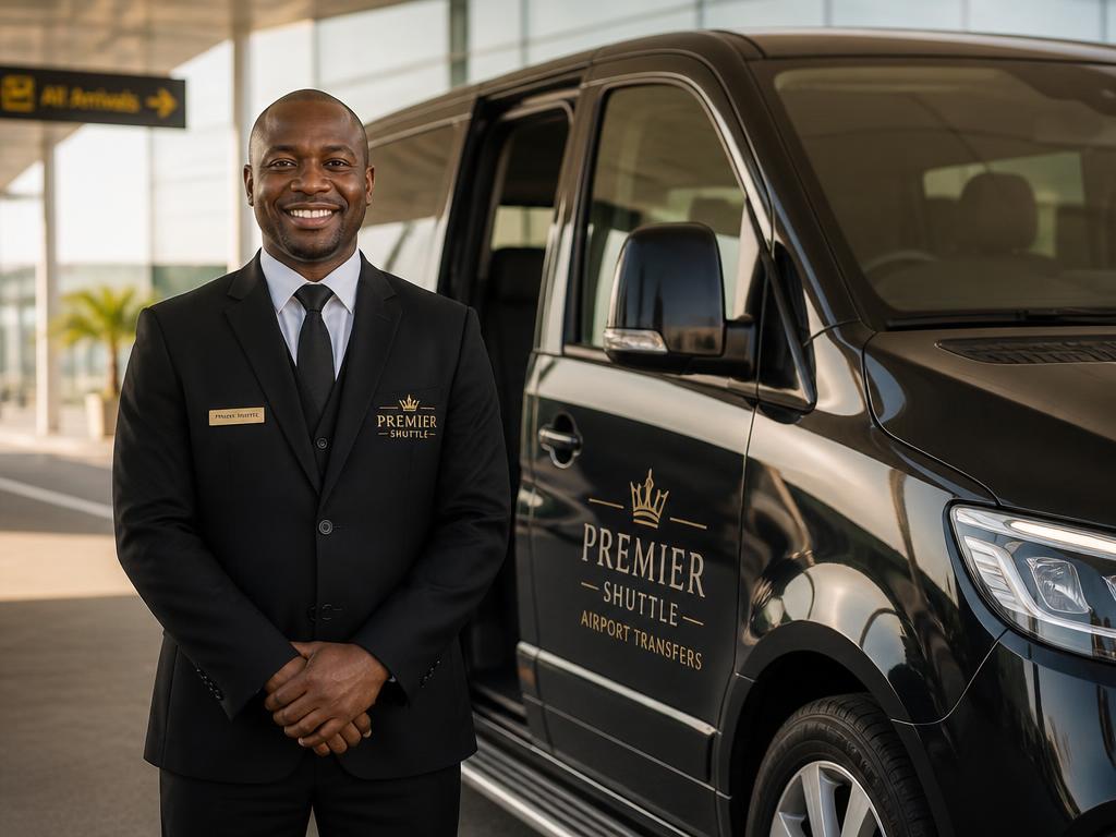 Professional Travel Network driver beside a luxury shuttle van